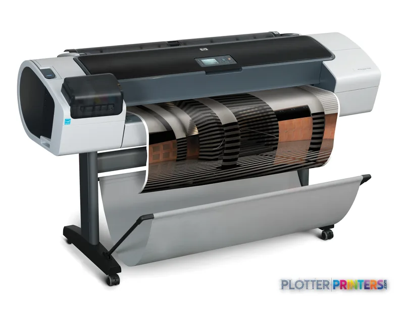 HP Designjet T1200 large-format printer product image showing white and gray printer with roll feed system and control panel
