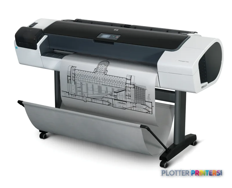 HP Designjet T1200 large-format printer product image showing white and black printer with architectural drawing output