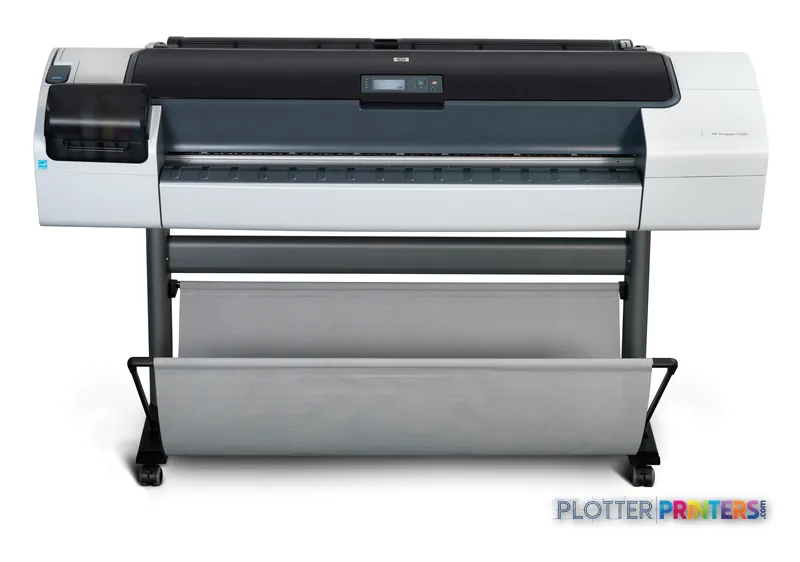 HP Designjet T1200 large-format printer product image showing front view with roll media stand