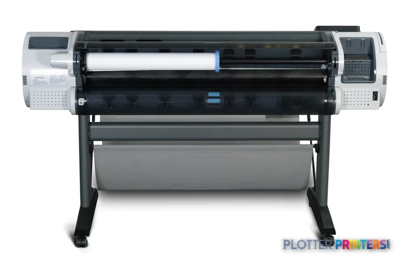 HP Designjet T1200 large-format printer product image showing front view with white and black body, roll feed system, and co…