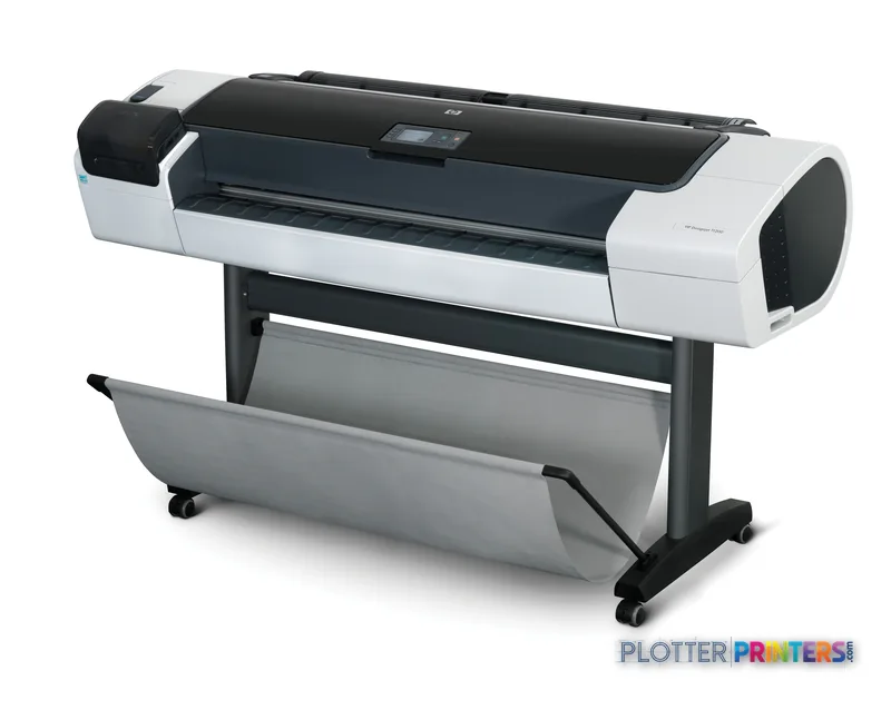 HP Designjet T1200 large-format printer product image showing white and black printer on stand with roll feed tray