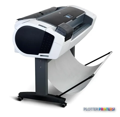 HP Designjet T1200 large format printer product image showing white and black printer with output tray