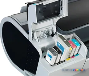 HP Designjet T1200 large format printer product image showing open ink cartridge bay with color cartridges