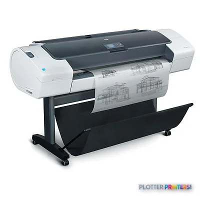 HP Designjet T770 w/HDD large format printer product image showing white and gray printer with output tray extended
