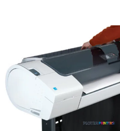 HP Designjet T770 w/HDD large format printer product image showing paper being loaded into the top feed slot