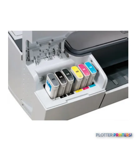 HP Designjet T770 w/HDD product image showing open ink cartridge bay with color cartridges