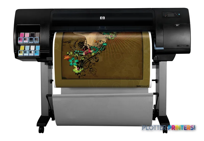 HP Designjet Z6100 42-in Printer large format printer with colorful floral design printing on tan media roll