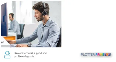 HP DesignJet T730 36-in Printer remote support feature showing technician with headset assisting customer