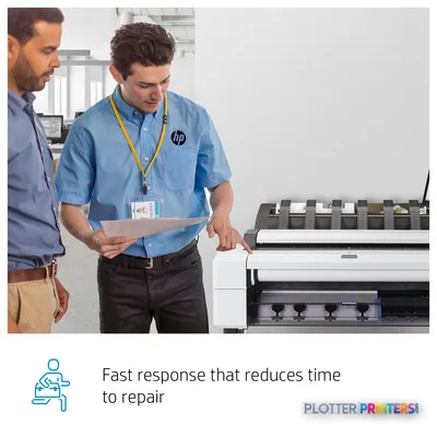 HP DesignJet T730 36-in Printer with two professionals reviewing a printout next to the grey and white printer