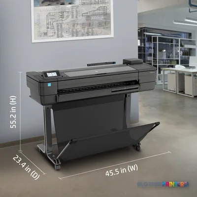 HP DesignJet T730 36-in Printer annotated view showing grey printer on stand with dimension callouts in office setting