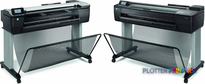 HP DesignJet T730 36-in Printer lifestyle image showing two grey and black large-format printers on stands