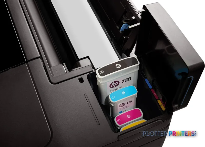 HP DesignJet T730 36-in Printer lifestyle image showing open ink cartridge compartment with colored ink cartridges installed