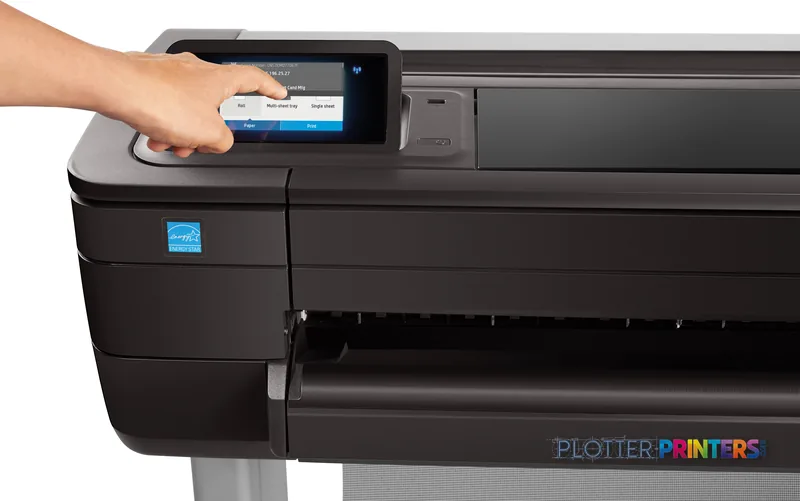 HP DesignJet T730 36-in Printer lifestyle image showing a hand operating the touchscreen display
