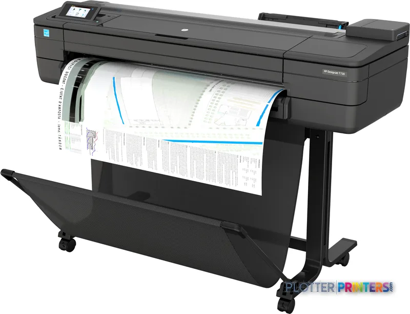 HP DesignJet T730 36-in Printer product image showing grey large-format printer with architectural blueprint printing
