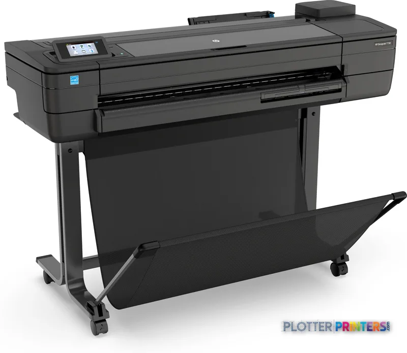 HP DesignJet T730 36-in Printer product image showing grey large-format printer on stand with open output tray