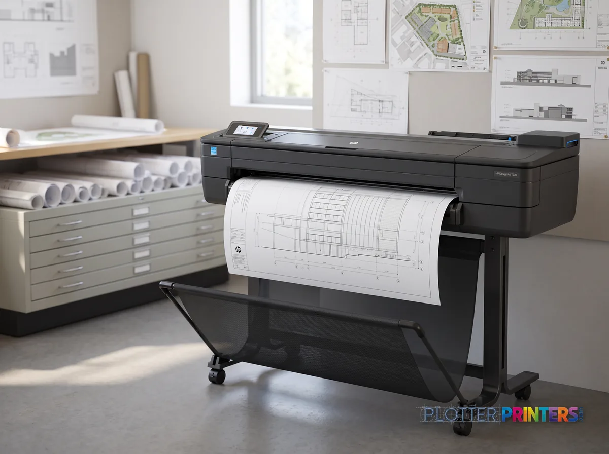 HP DesignJet T730 36-in Printer in a plan room beside flat-file drawers, printing a CAD elevation (staged scene from manufacturer product photography)
