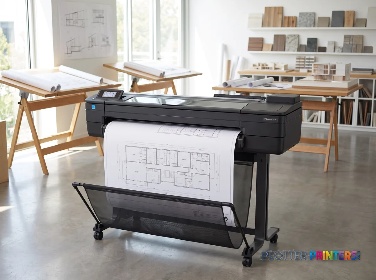 HP DesignJet T730 36-in Printer in a bright architecture studio, printing a large floor plan (staged scene from manufacturer product photography)