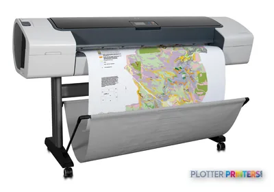 HP Designjet T1100ps large format printer with colorful map output and roll feed system