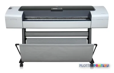 HP Designjet T1100ps 1118 mm Printer product image showing white and gray large format printer with stand and output tray