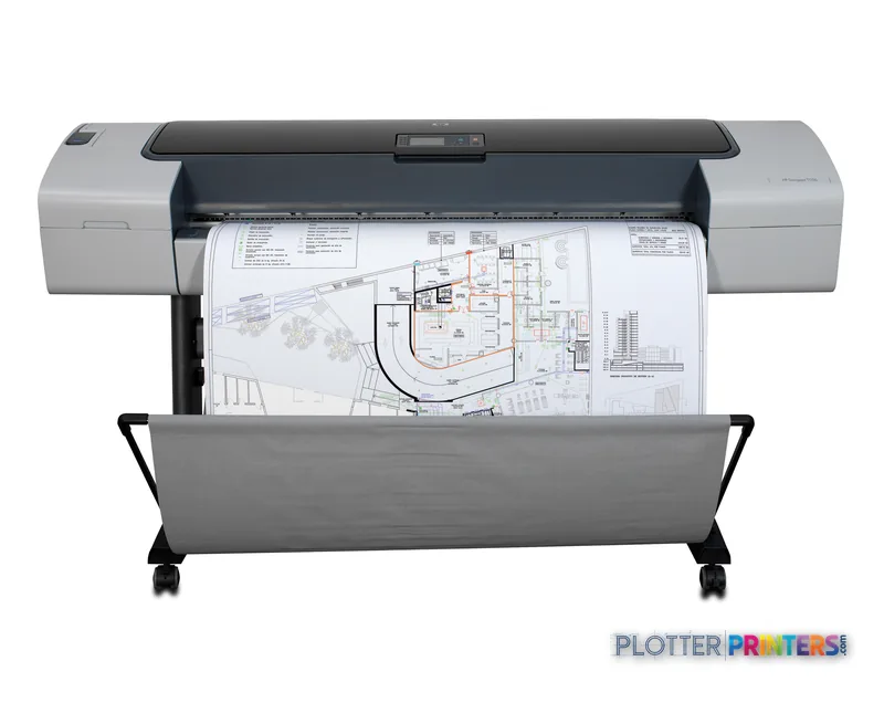 HP Designjet T1100ps large format printer product image showing front view with architectural blueprint printing