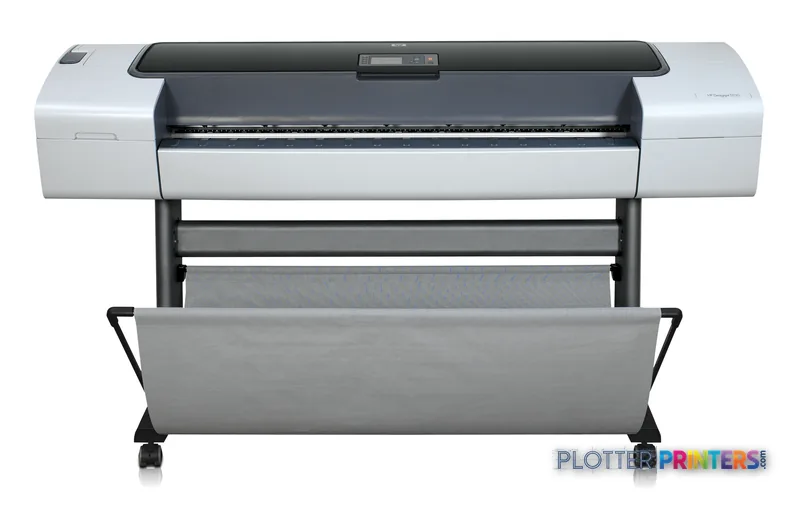 HP Designjet T1100ps 1118 mm Printer product image showing white and gray large format printer with stand and output tray