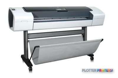 HP Designjet T1100 large format printer with white and dark gray body on mobile stand with paper catch tray