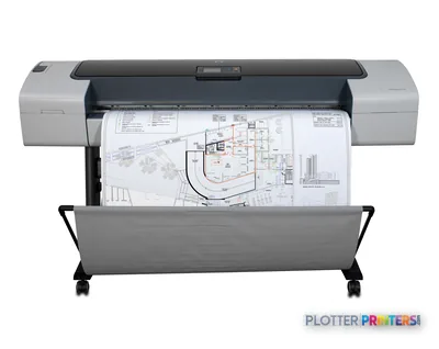 HP Designjet T1100 large format printer product image showing front view with architectural blueprint printing