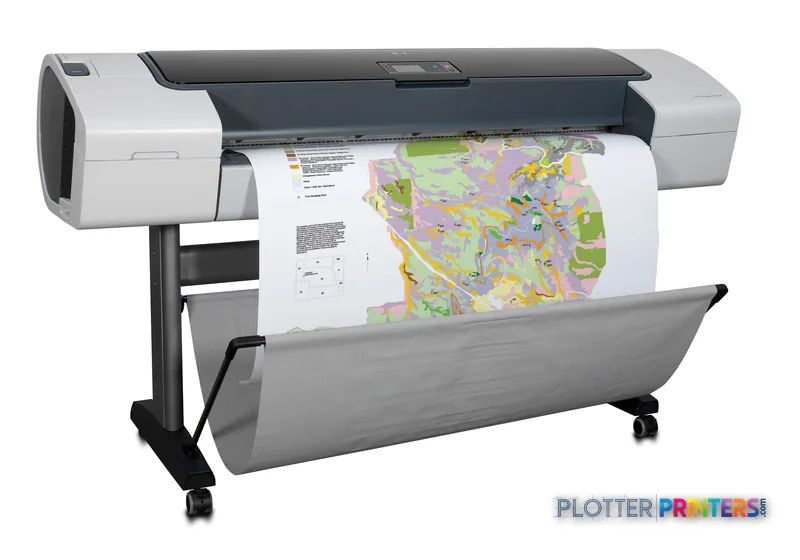 HP Designjet T1100 large-format printer with colorful map printout displayed on stand