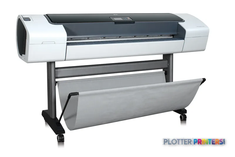 HP Designjet T1100 large format printer with white and dark gray body on mobile stand with paper catch tray