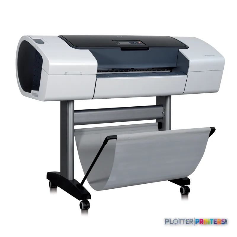 HP Designjet T1100ps 610 mm Printer product image showing white and dark gray large format printer on mobile stand with outp…