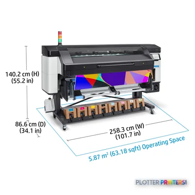 HP Latex 800 W Printer annotated view showing dimensions, ink cartridges, and colorful test print output
