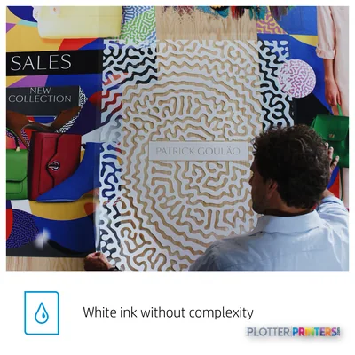 HP Latex 800 W Printer product image showing detailed geometric pattern print on fabric with vibrant colors