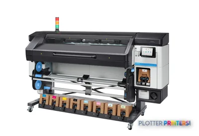 HP Latex 800 W Printer front-left view showing black and white body with blue ink cartridges and control panel
