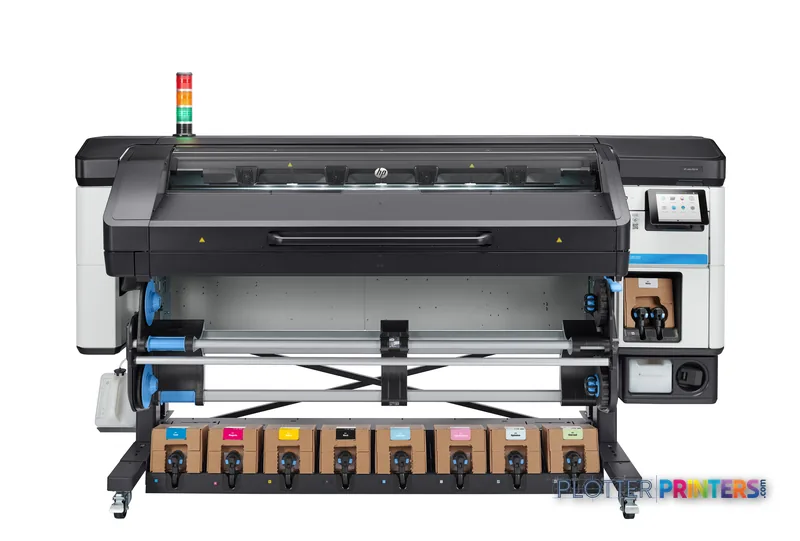 HP Latex 800 W Printer front-center view showing wide-format printer with ink cartridges and control panel
