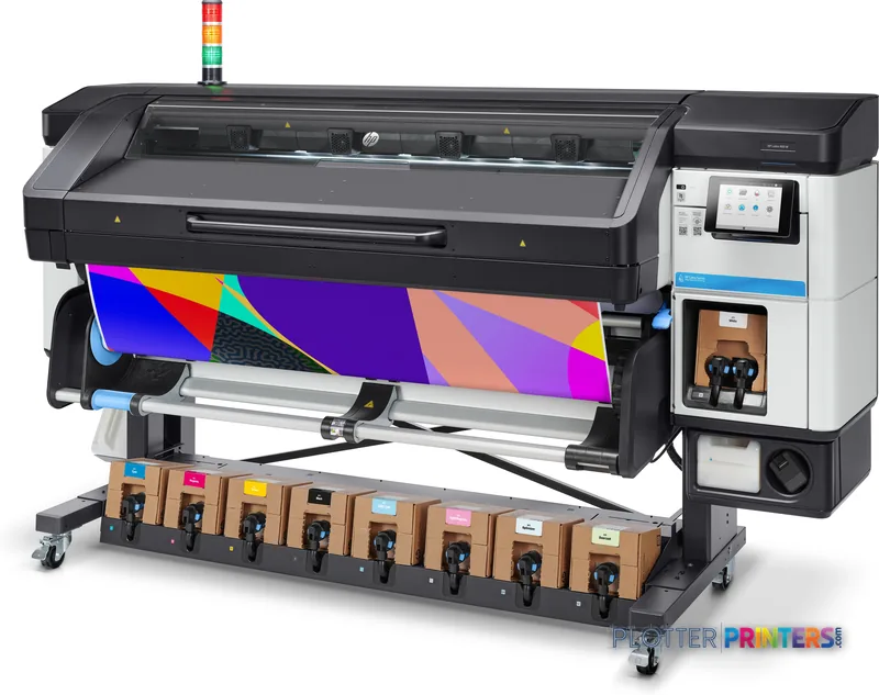HP Latex 800 W Printer front-left view showing colorful printed output and ink cartridge station