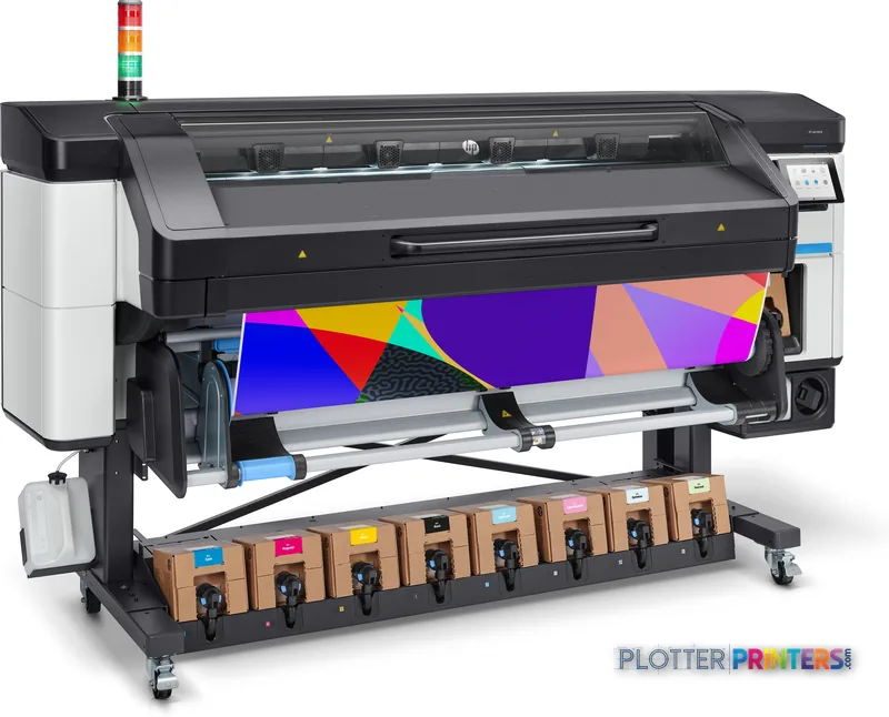 HP Latex 800 W Printer front-right view with colorful test print and ink cartridge system