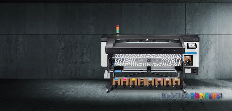 HP Latex 800 W Printer lifestyle image showing the large-format printer with ink cartridges visible in an industrial setting