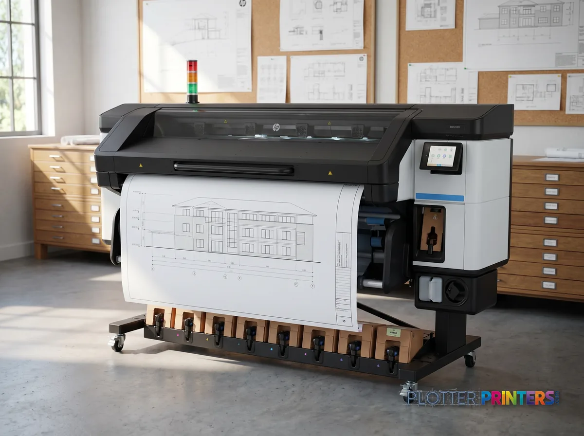 HP Latex 800 W Printer in a plan room beside flat-file drawers, printing a CAD elevation (staged scene from manufacturer product photography)