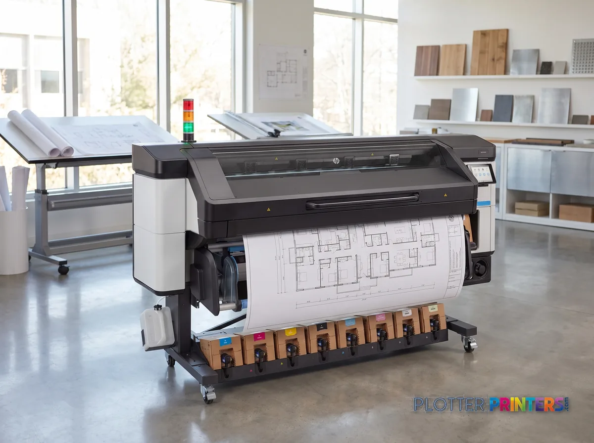 HP Latex 800 W Printer in a bright architecture studio, printing a large floor plan (staged scene from manufacturer product photography)