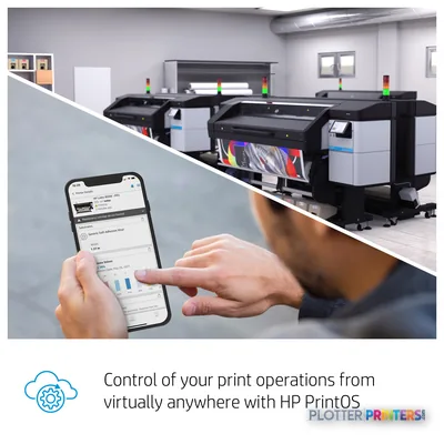 HP Latex 800 Printer feature callout showing remote print management on smartphone with printer in background