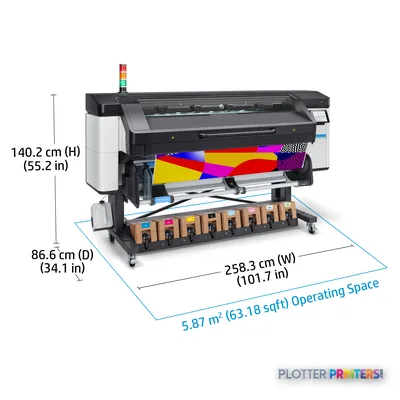 HP Latex 800 Printer large format printer with annotated dimensions, colorful test print, and ink cartridges visible