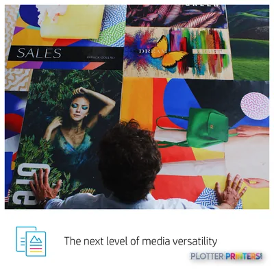 HP Latex 800 Printer feature callout showing vibrant color output samples including printed magazines, fabric swatches, and…