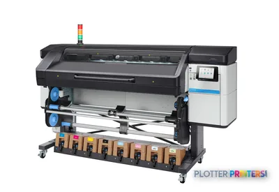 HP Latex 800 Printer front-left view showing black and white large format printer with blue ink cartridges and control panel