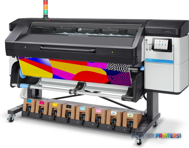 HP Latex 800 Printer front-left view with colorful test print and ink cartridge station