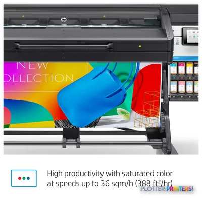 HP Latex 700 Printer with colorful sample print showing vibrant graphics and ink cartridges