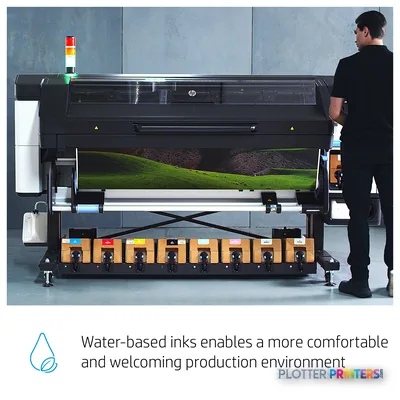 HP Latex 700 Printer annotated view showing ink cartridges, print head, and operator station