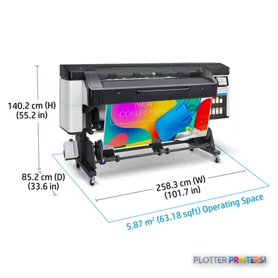 HP Latex 700 Printer annotated view showing dimensions and operating space with colorful sample print output