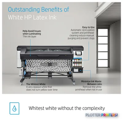 HP Latex 700 W Printer annotated with feature callouts highlighting white ink benefits and ease of use
