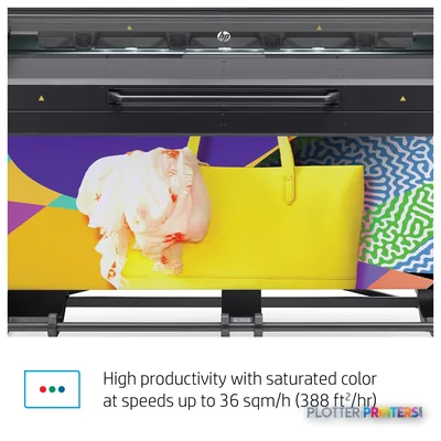 HP Latex 700 W Printer annotated view showing colorful printed output with vibrant graphics on yellow and purple backgrounds