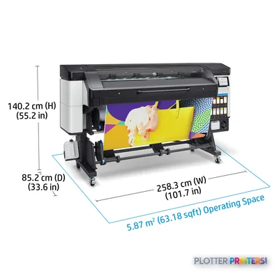 HP Latex 700 W Printer annotated view showing dimensions and operating space footprint